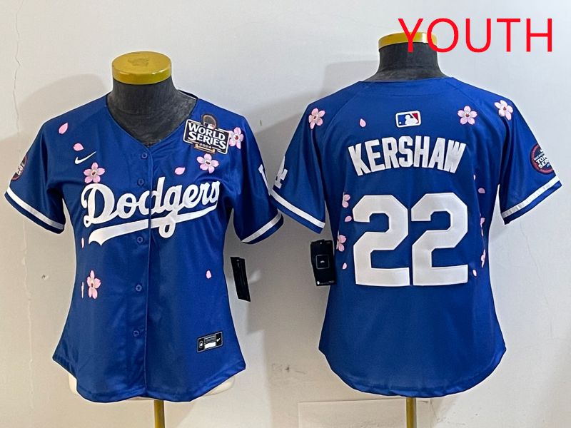 Youth Los Angeles Dodgers 22 Kershaw Blue White Blue Sakura Edition 2025 Nike MLB Jersey style 6